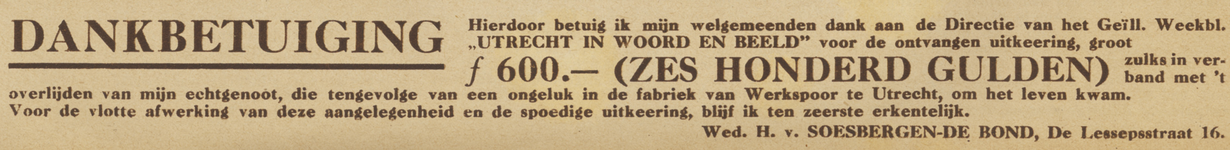 717103 Dankbetuiging van de wed. H. van Soesbergen-de Bond De Lessepsstraat 16) te Zuilen voor een uitkering van f 600 ...